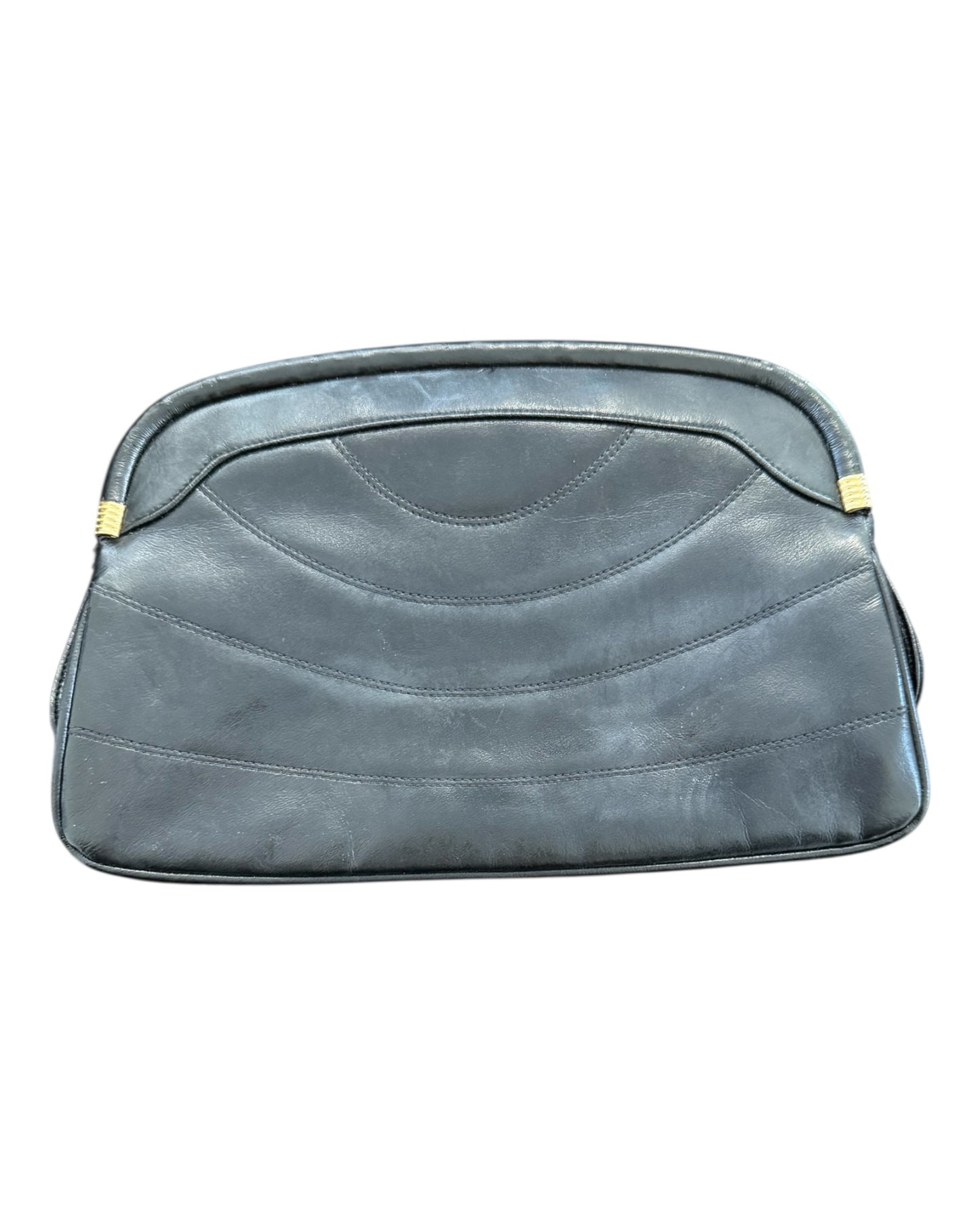 Vintage Black Leather Clutch with Mirror Attachment