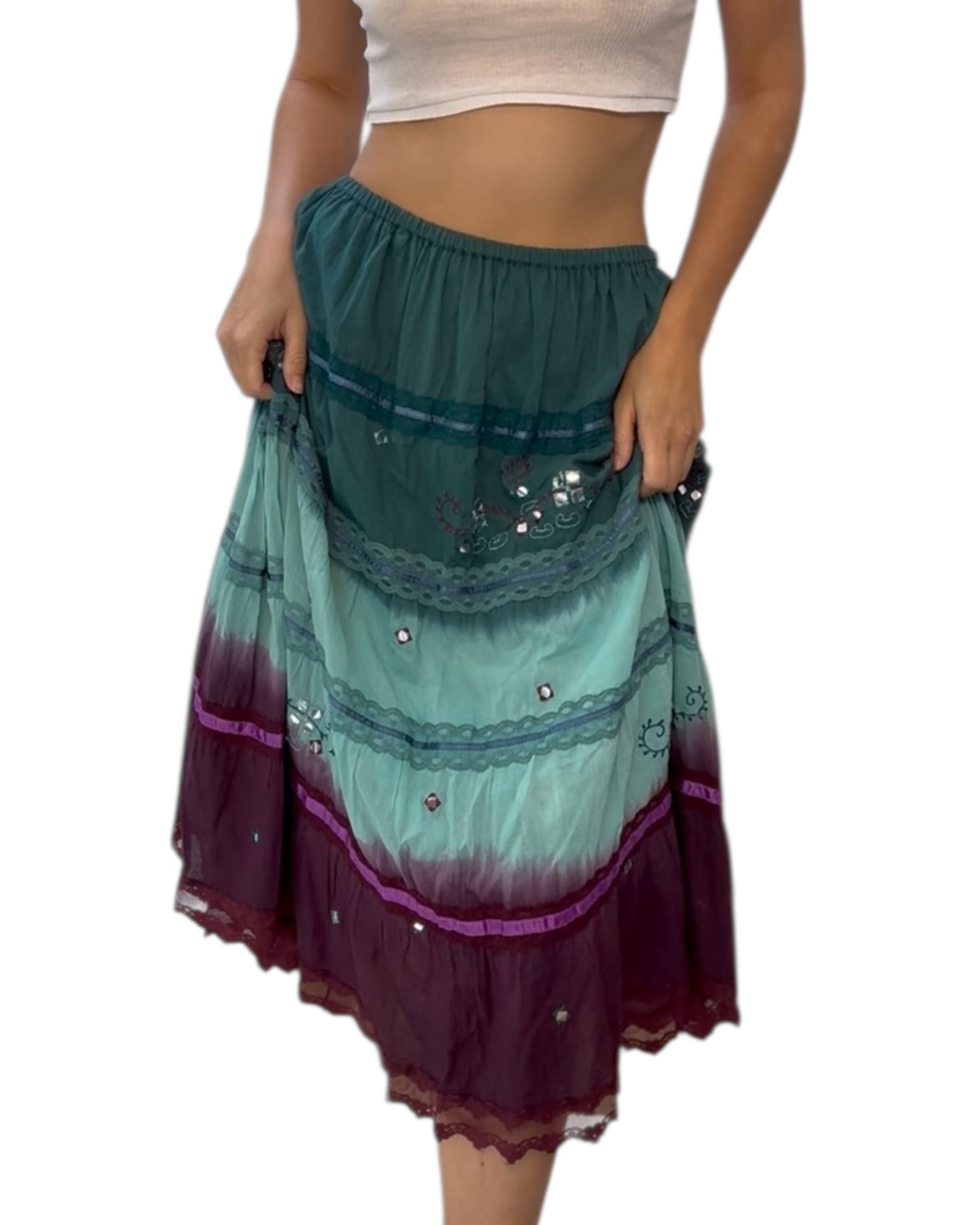 Vintage Blue and Purple Embellished Midi Skirt