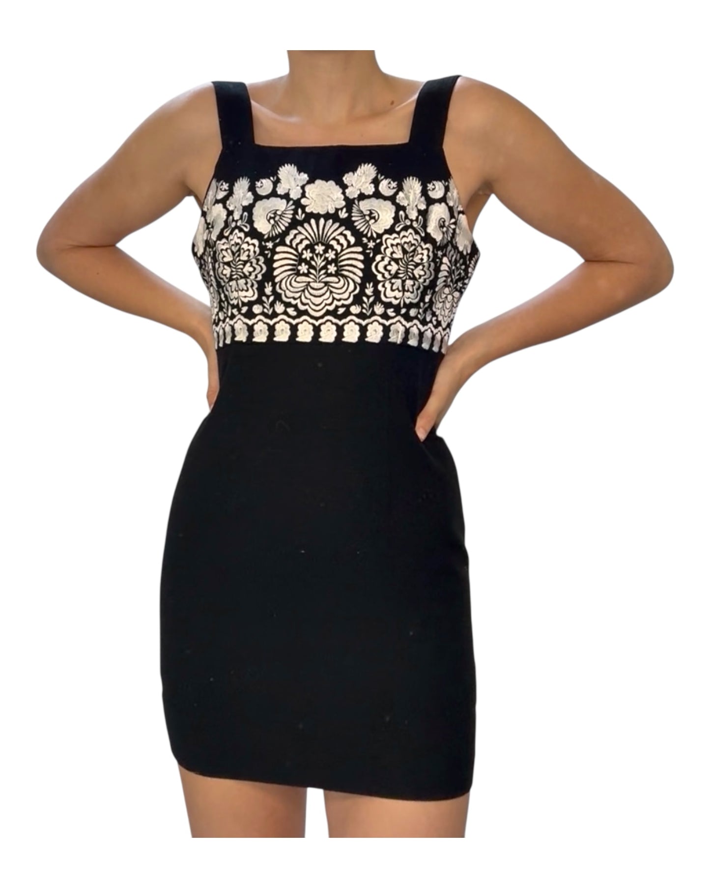 Vintage Black and White Embroidered Dress and Blazer Set