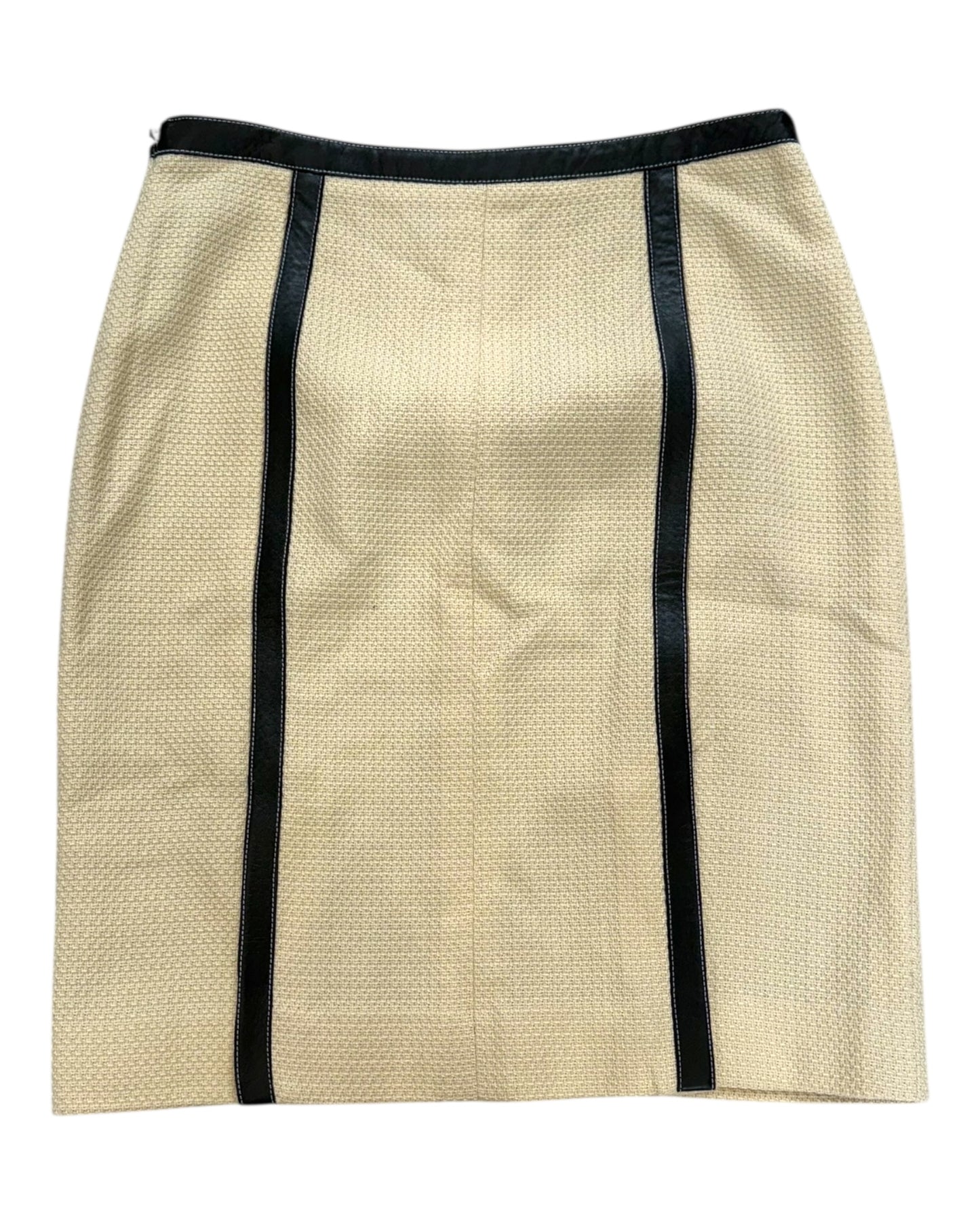 Vintage Beige Pencil Skirt with Leather Details