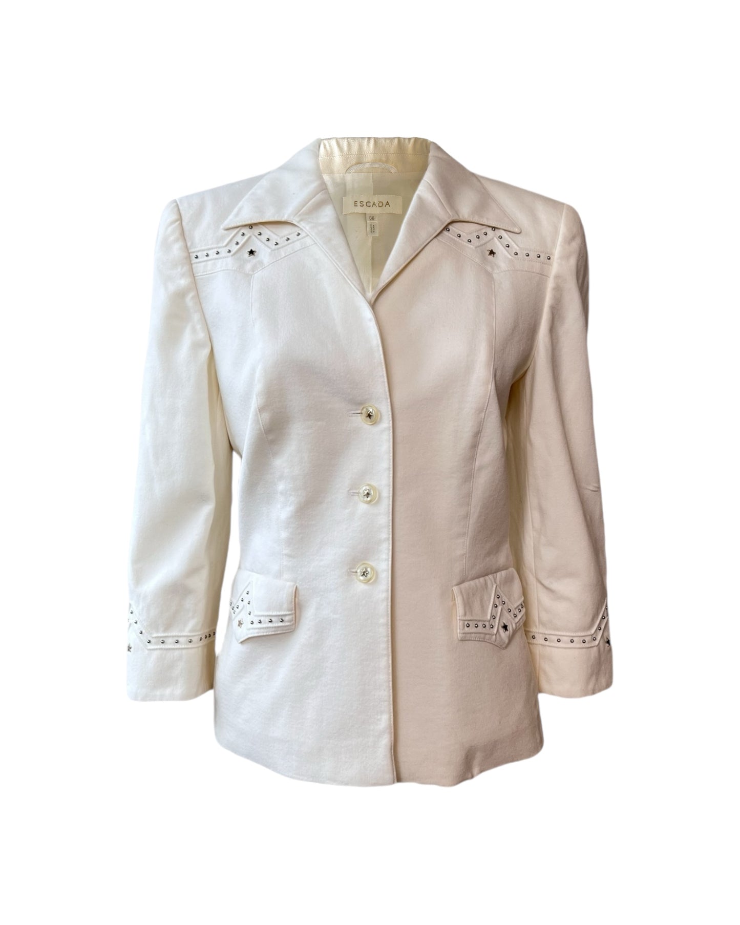 Vintage 2000 Escada white denim skirt suit. Image depicts just the blazer portion of the suit.