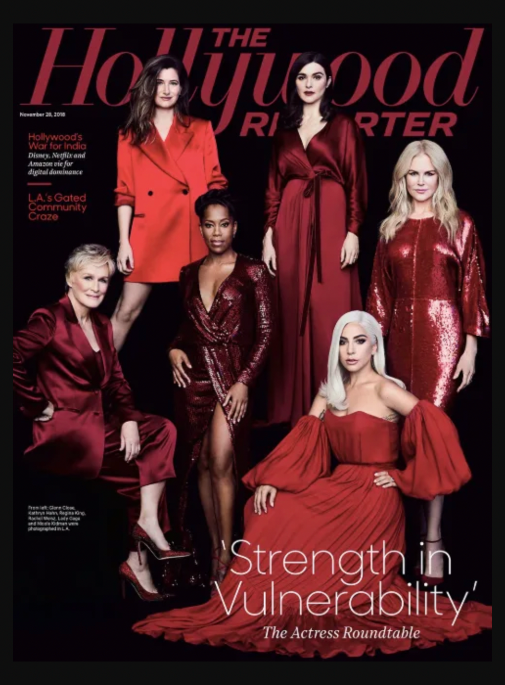 2018 Lafayette 148 Red Three-Piece Silk Suit worn by Glenn Close on the cover of The Hollywood Reporter