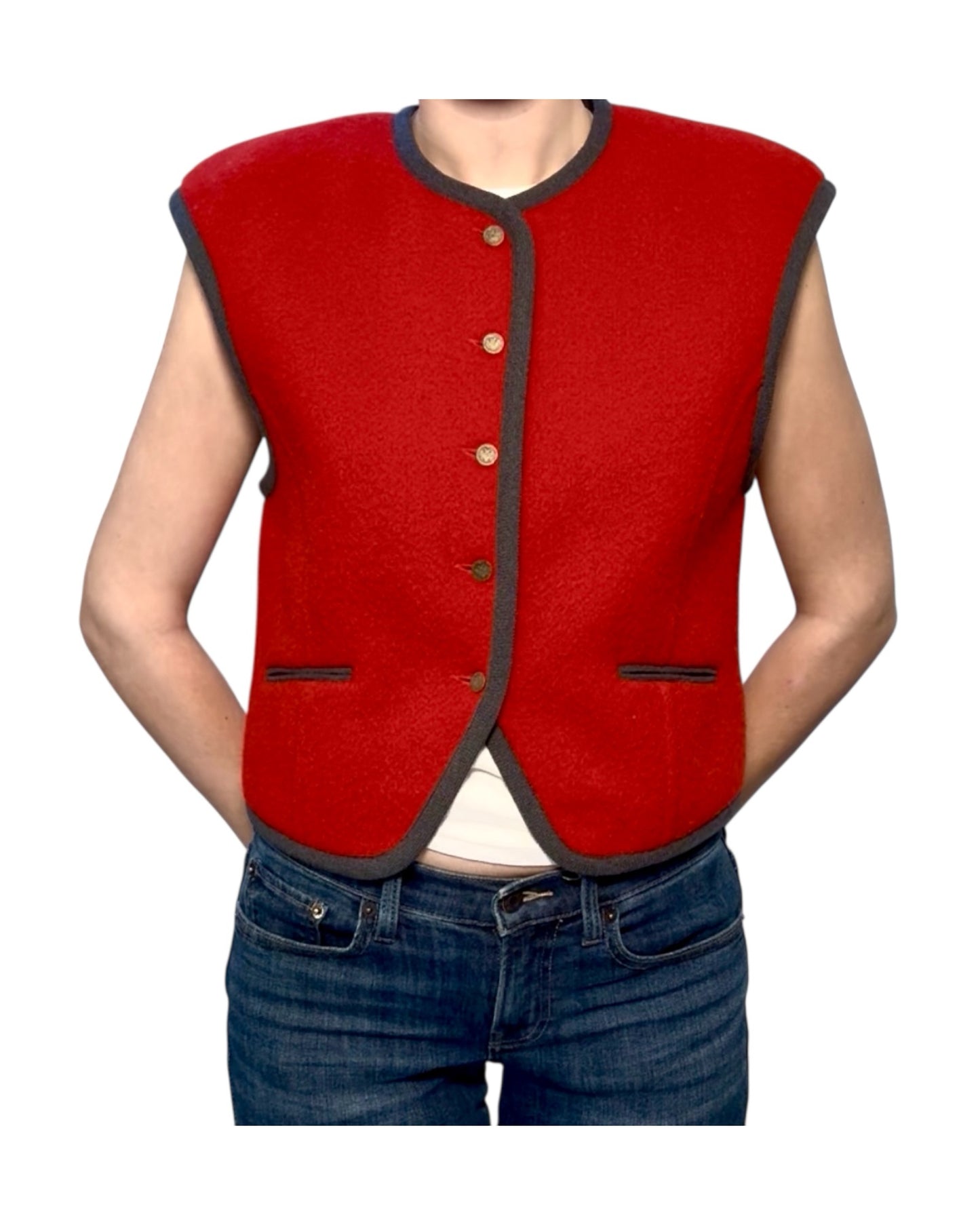 Red vest with black trim worn by a person on a white background