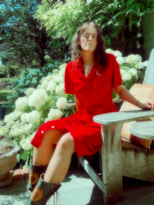 Vintage 1940s Red Belted Shirt Dress