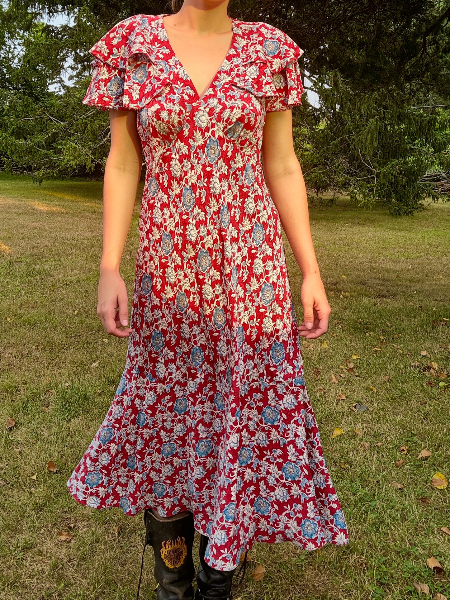 Vintage POLO Ralph Lauren Red Floral Midi Dress