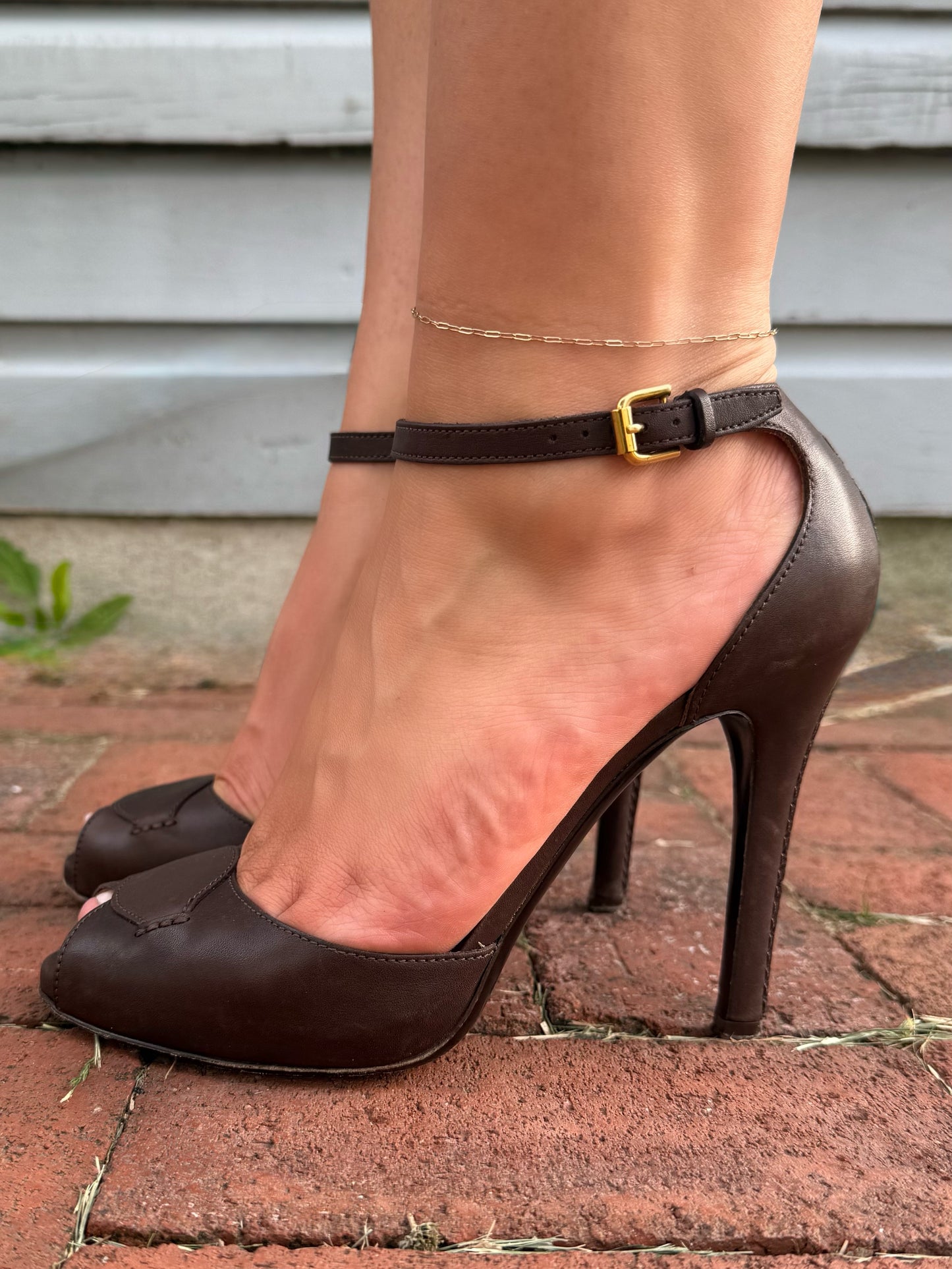 Vintage Ralph Lauren Purple Label Brown Leather Peep Toe Heels with Ankle Strap