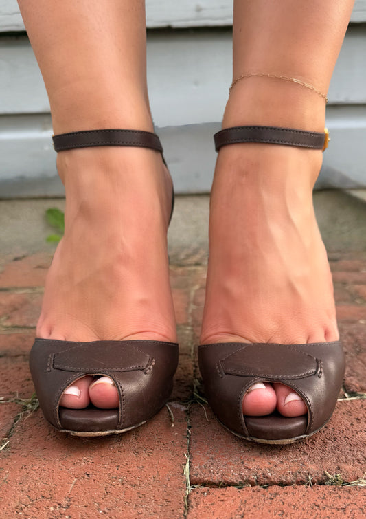 Vintage Ralph Lauren Purple Label Brown Leather Peep Toe Heels with Ankle Strap
