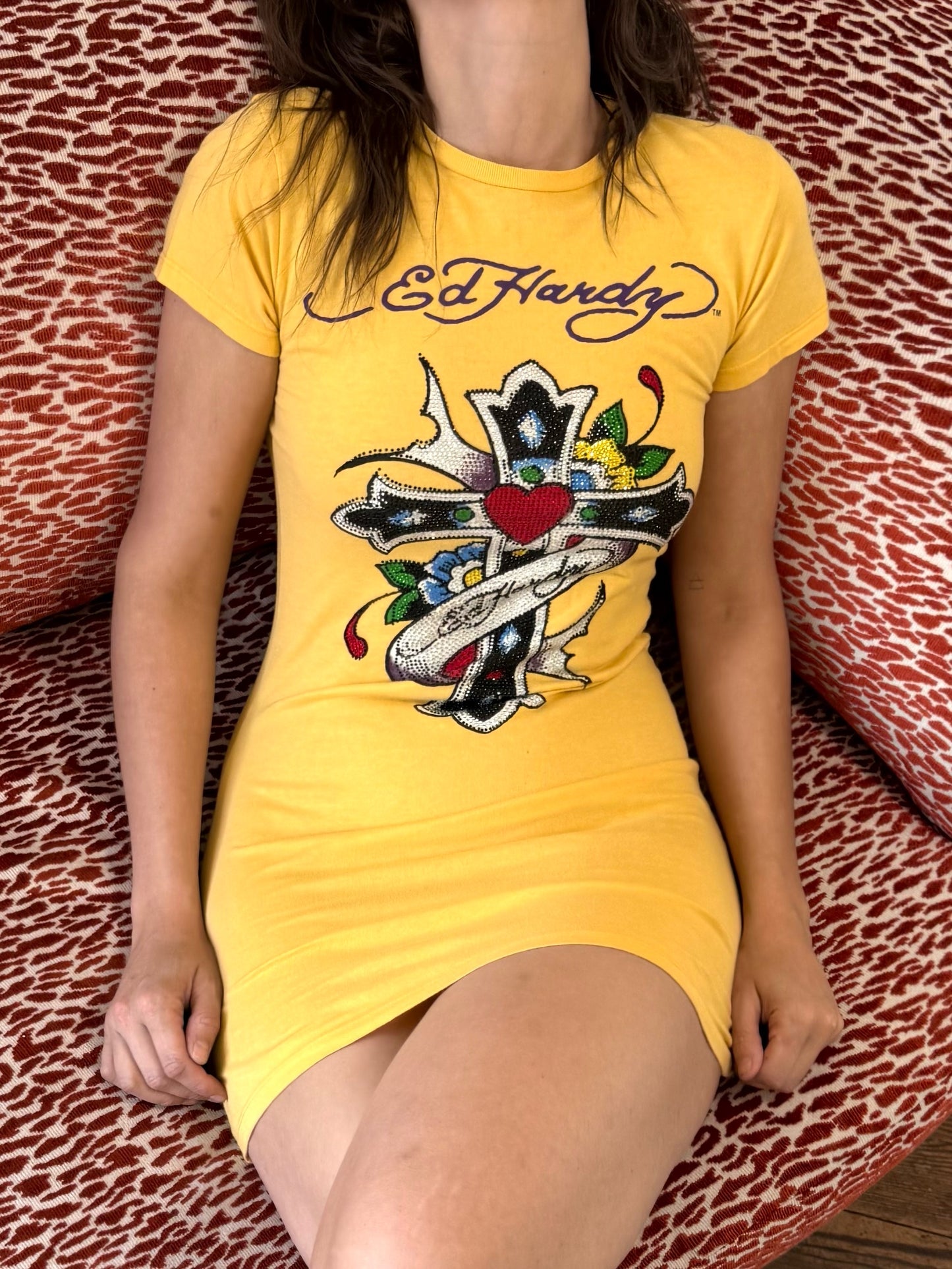 Vintage Ed Hardy Yellow Sequin T-Shirt Dress