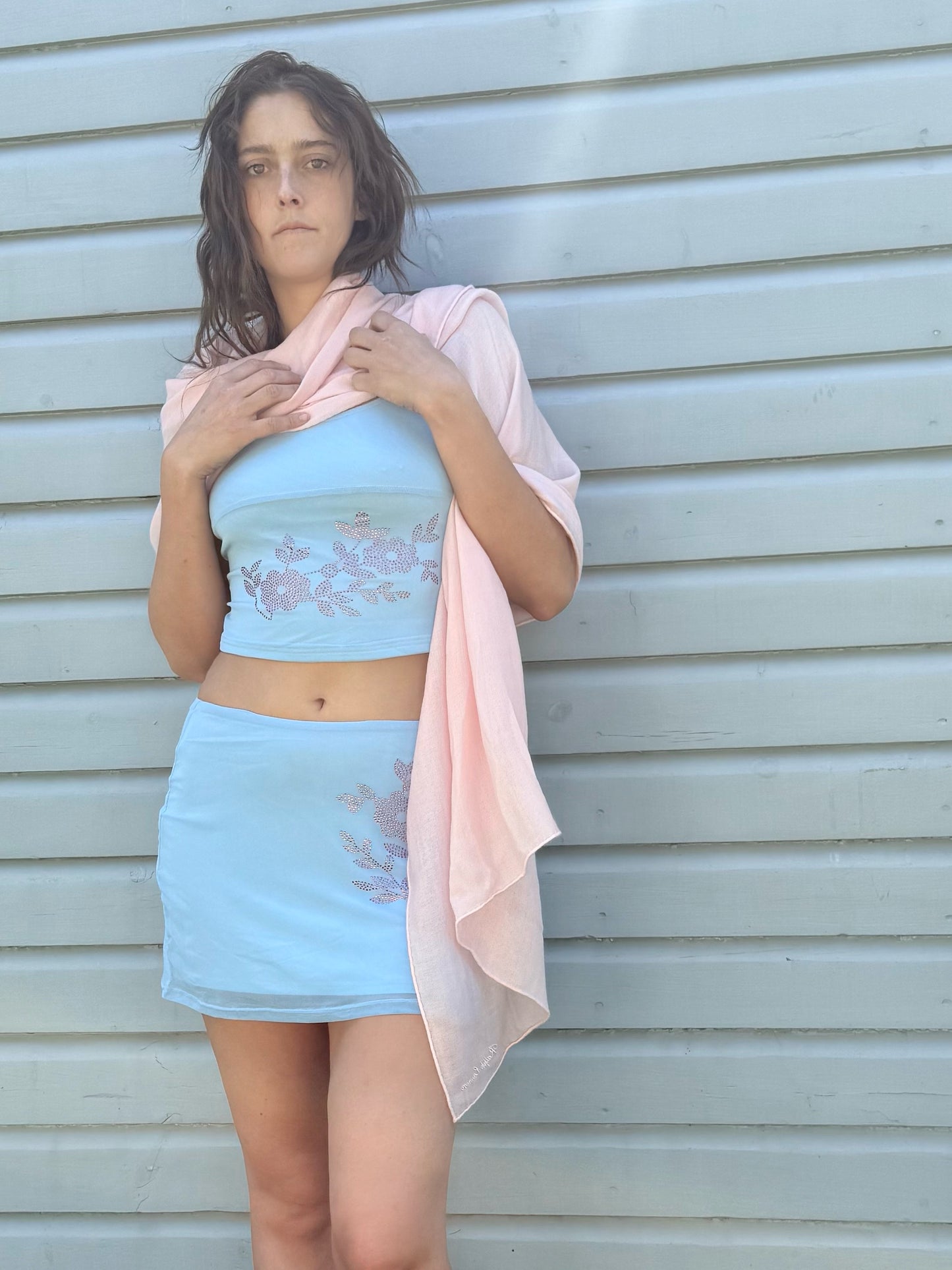 Vintage Y2K Baby Blue and Pink Rhinestone Skirt Set
