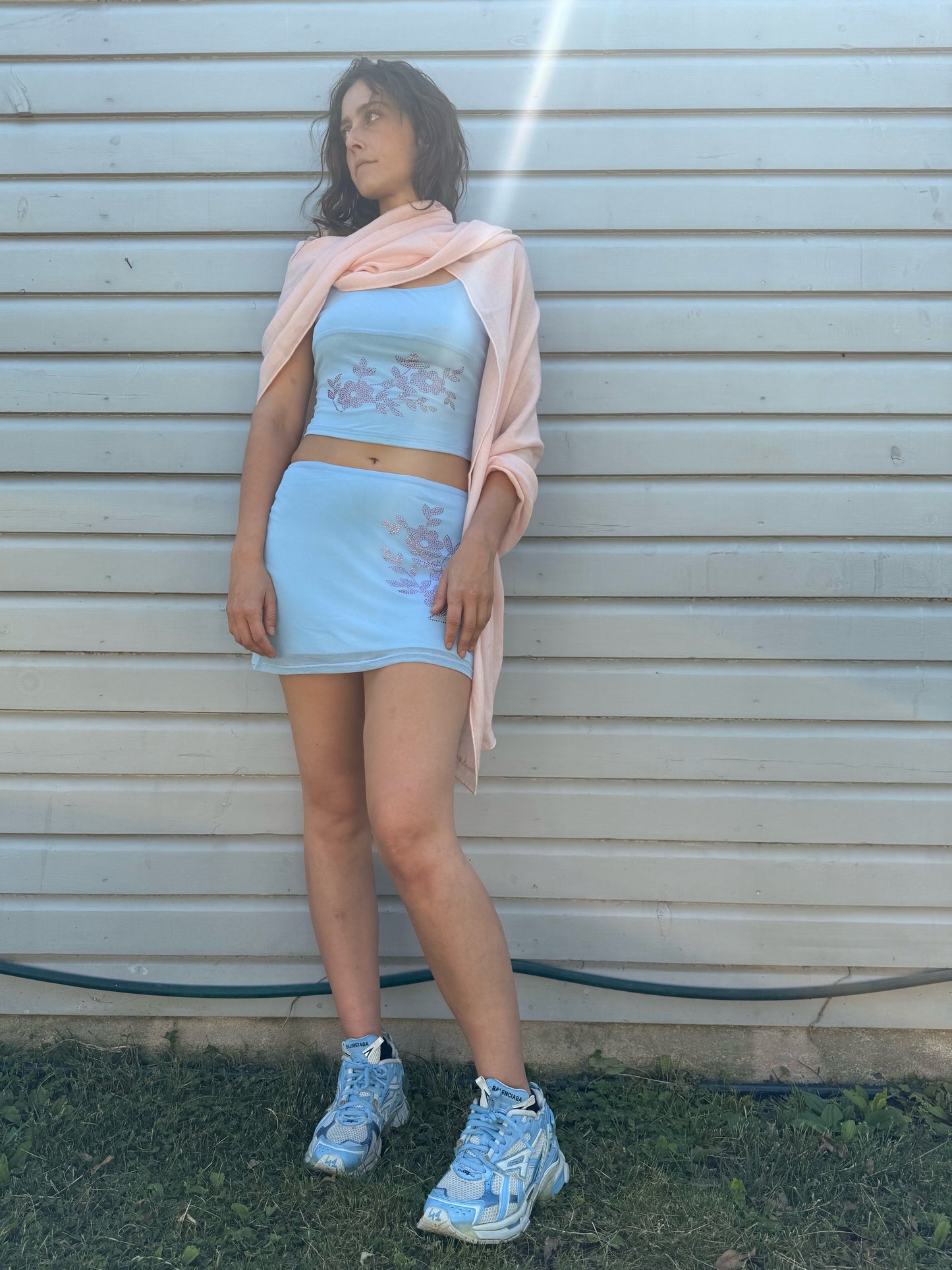 Vintage Y2K Baby Blue and Pink Rhinestone Skirt Set