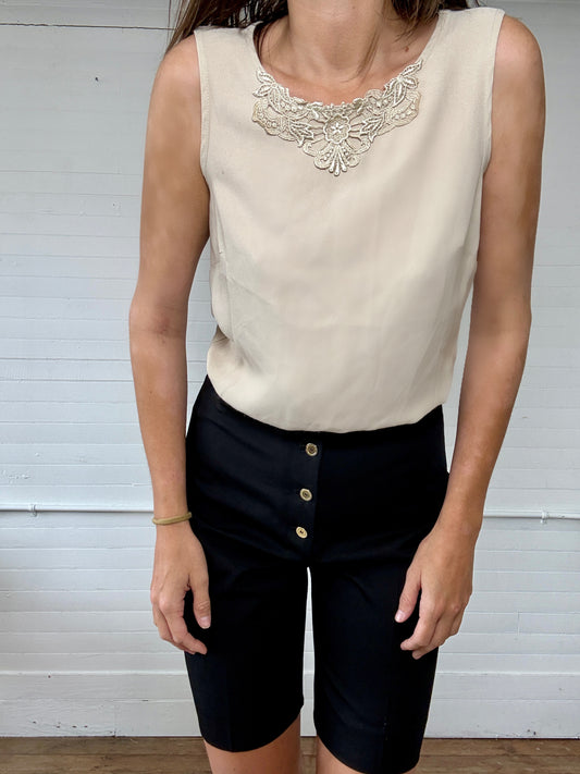 Vintage Beige Embroidered Tank Blouse