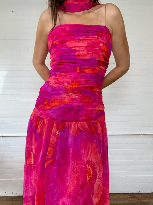 Vintage Pink and Orange Floral Maxi Dress with Scarf