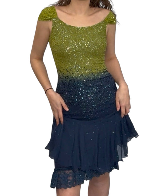 Vintage Beaded Green and Blue Midi Dress