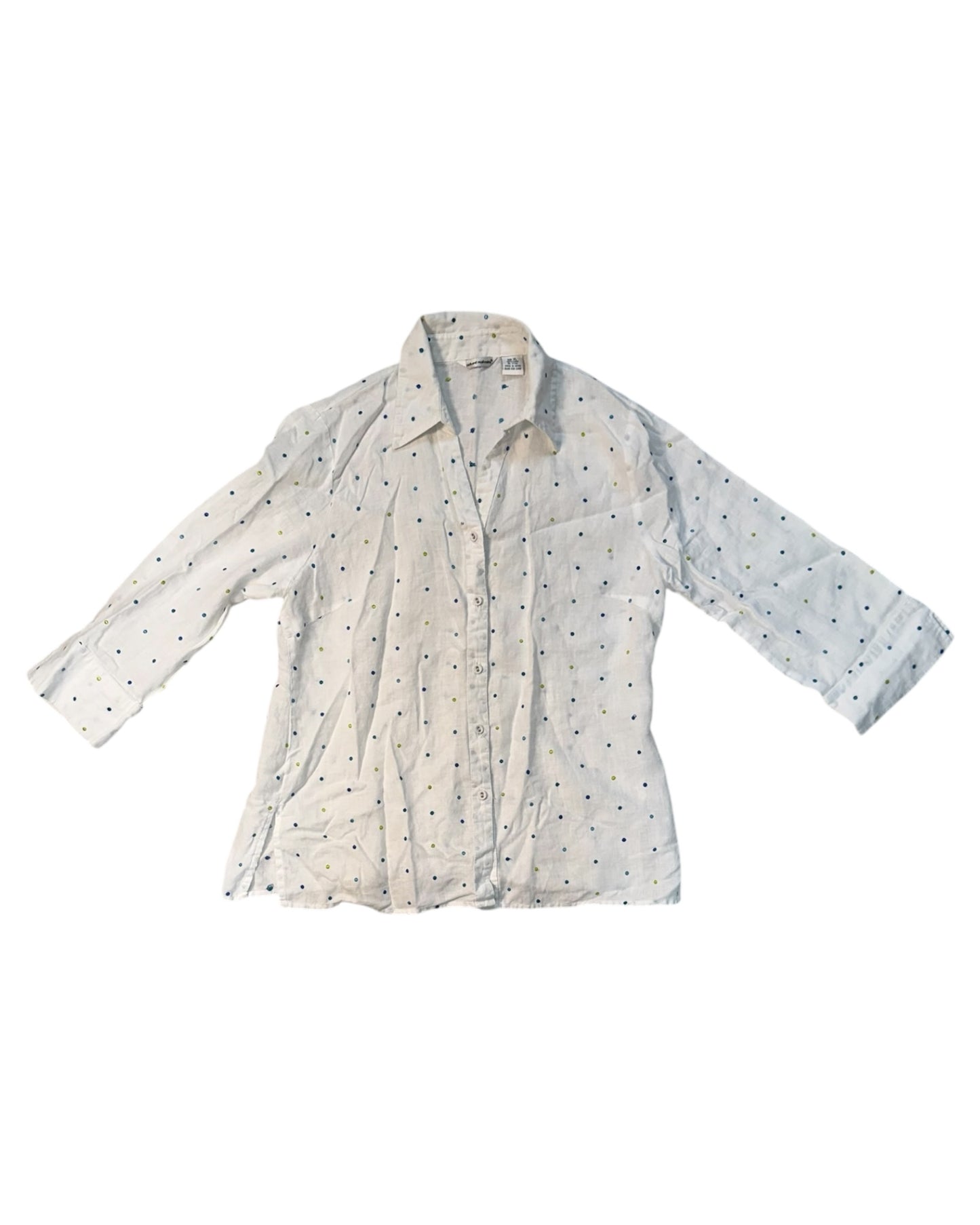 Vintage Embroidered Linen Blouse with Blue and Green Polka Dots