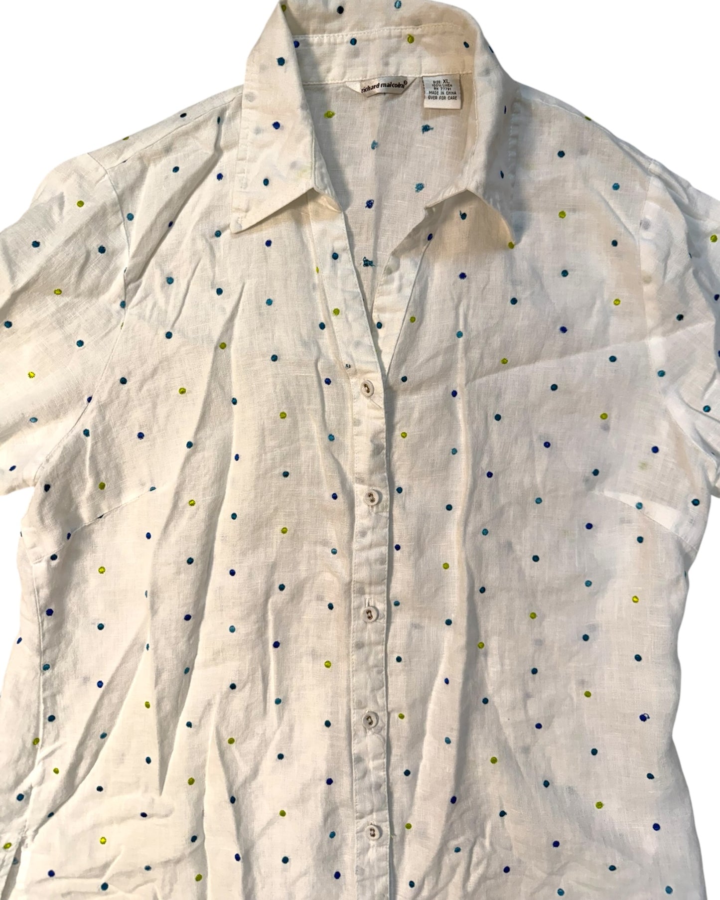 Vintage Embroidered Linen Blouse with Blue and Green Polka Dots