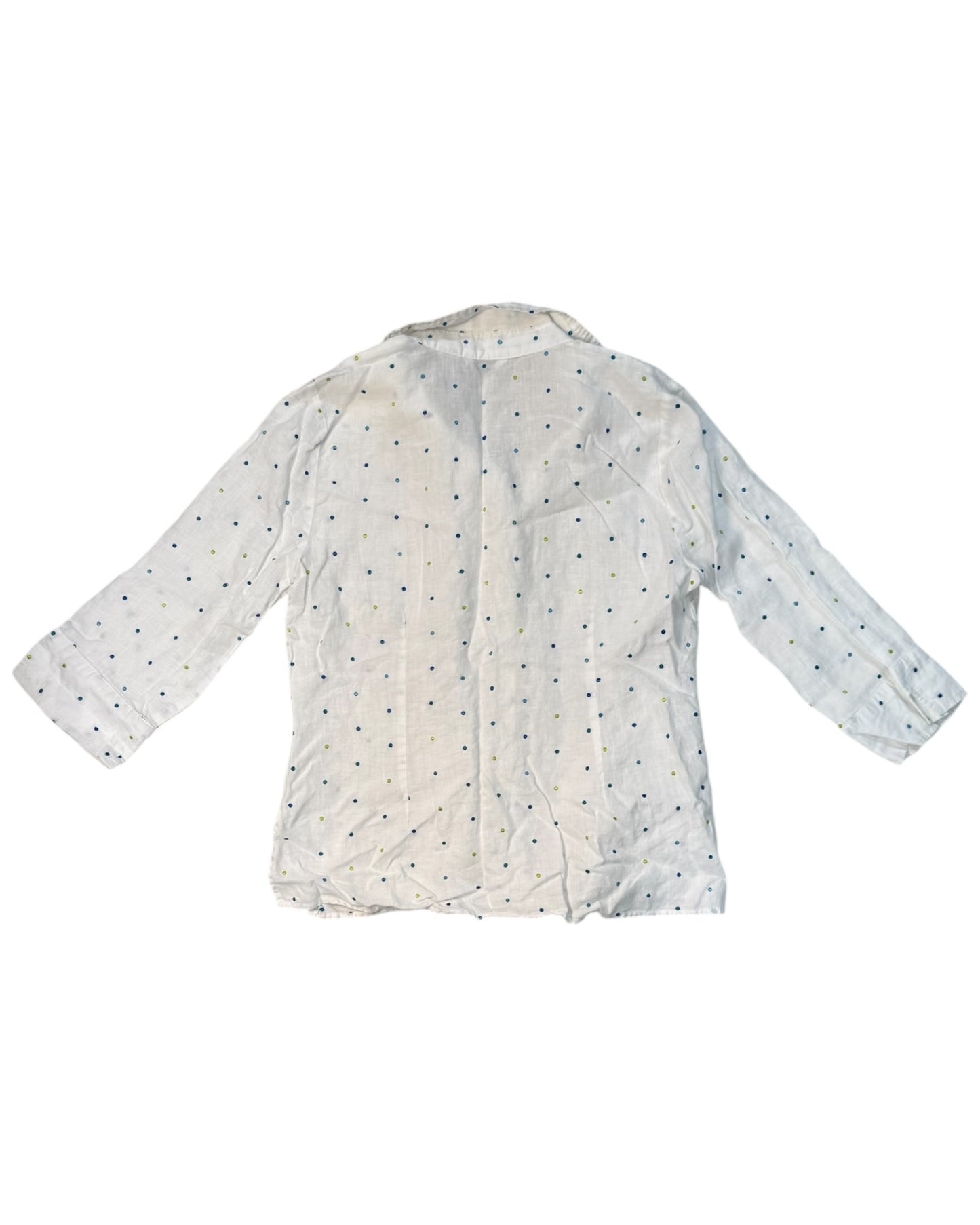 Vintage Embroidered Linen Blouse with Blue and Green Polka Dots