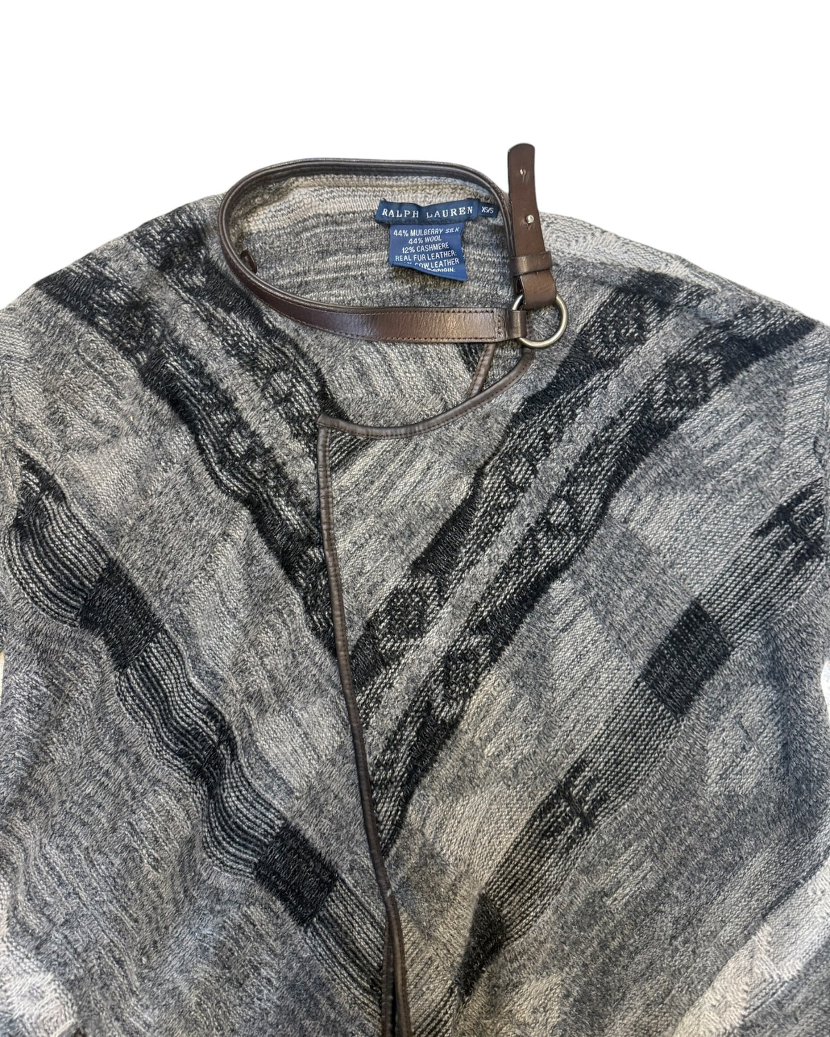 Vintage Ralph Lauren Grey Cardigan Sweater with Leather Trim