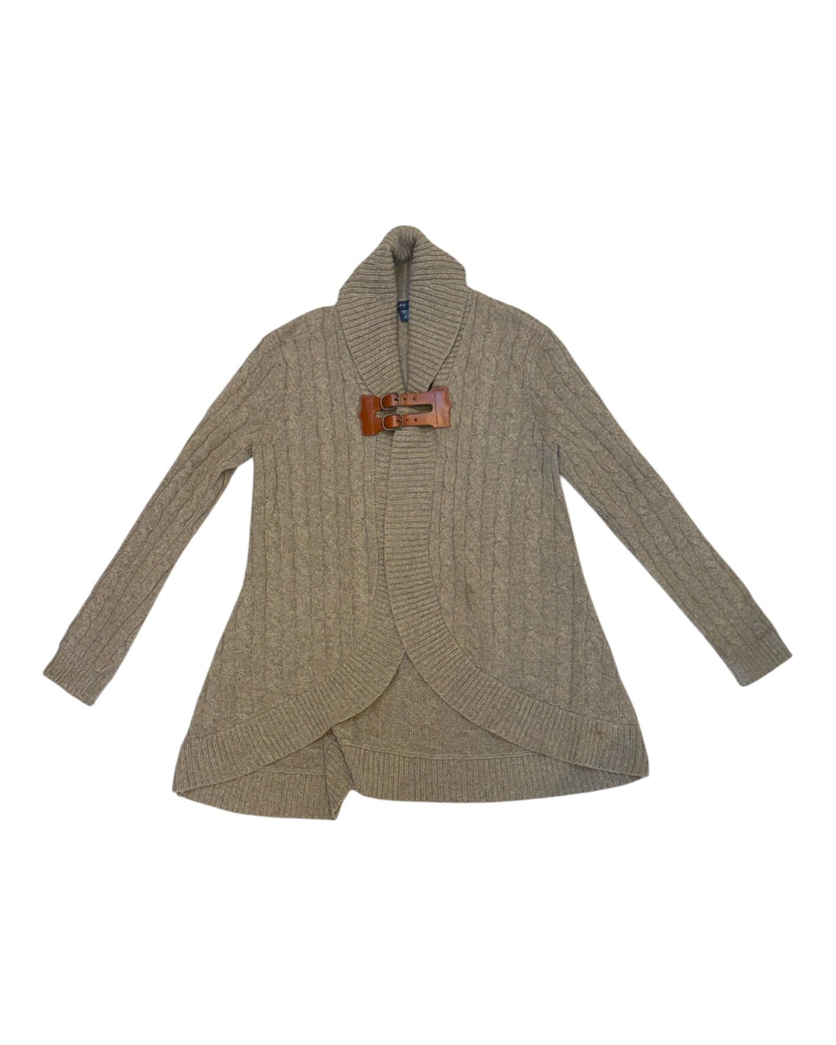 Vintage Ralph Lauren Grey Cable Knit Cardigan Sweater with Leather Hardware