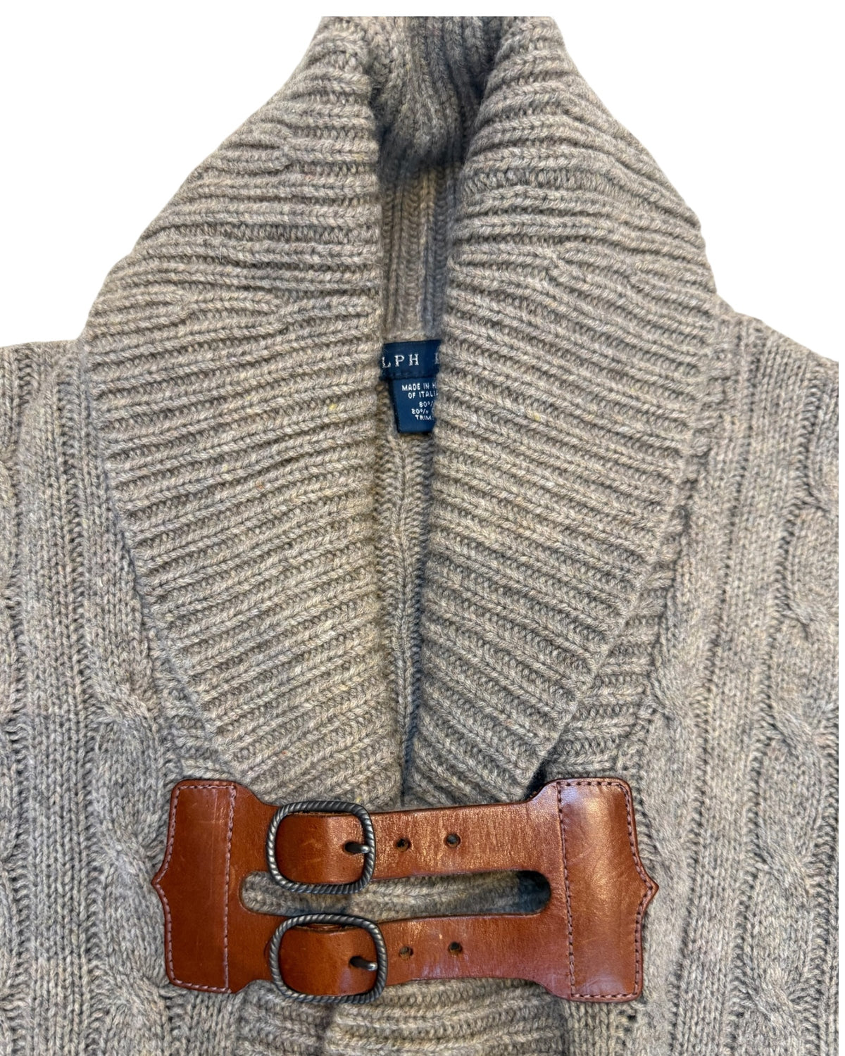 Vintage Ralph Lauren Grey Cable Knit Cardigan Sweater with Leather Hardware