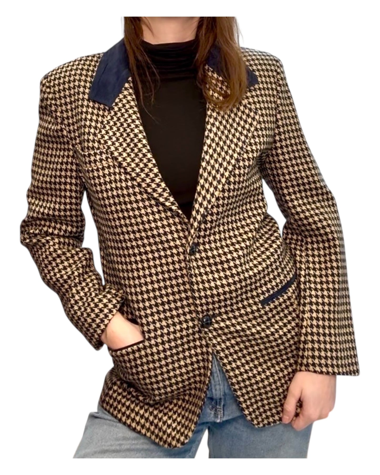 Vintage JL Colebrook Tan and Navy Gingham Blazer