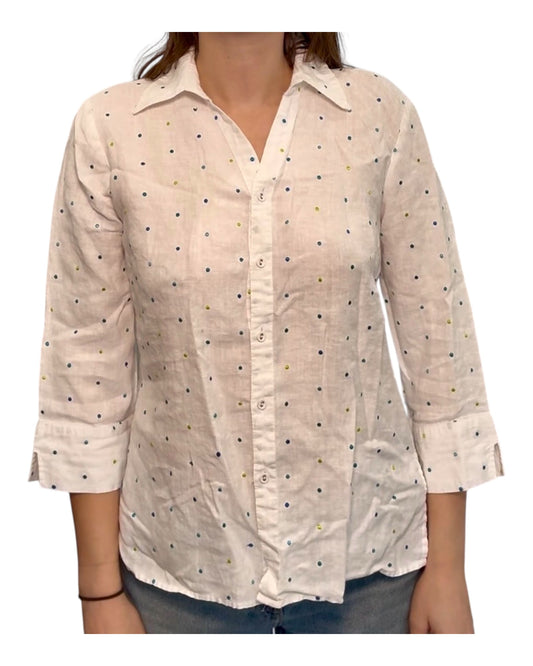 Vintage Embroidered Linen Blouse with Blue and Green Polka Dots