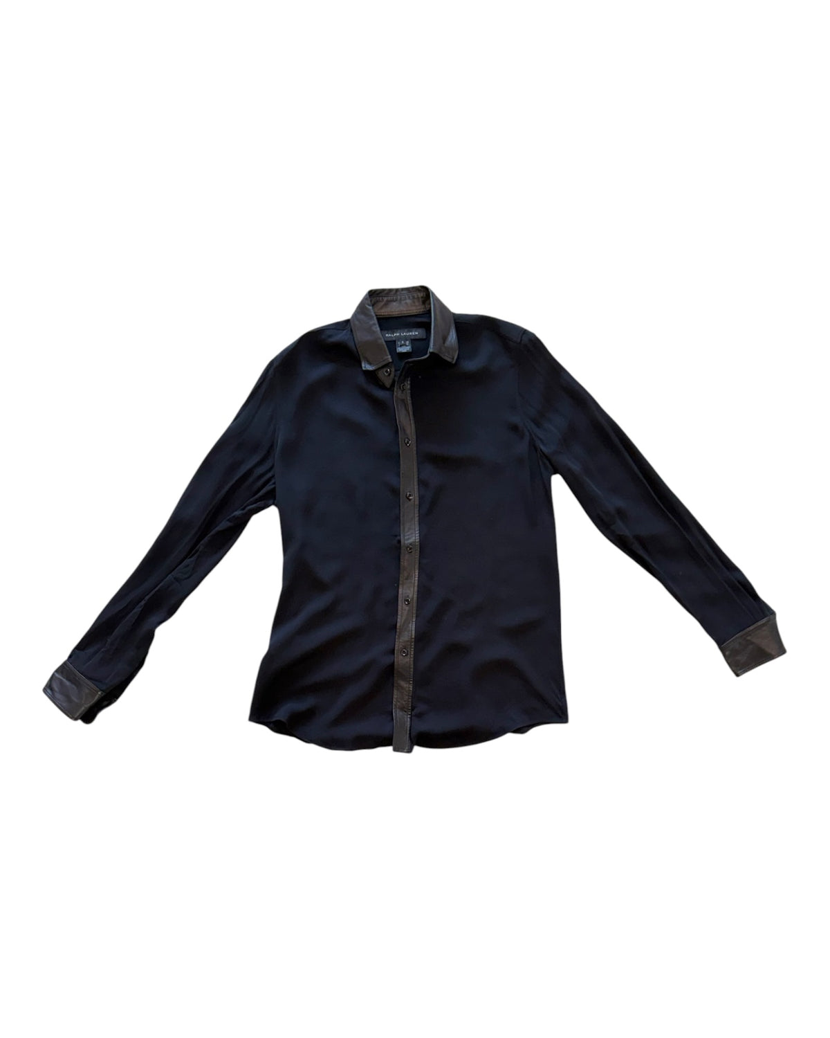 Vintage Ralph Lauren Black Label Black Sheer Button Up Top with Leather Trim