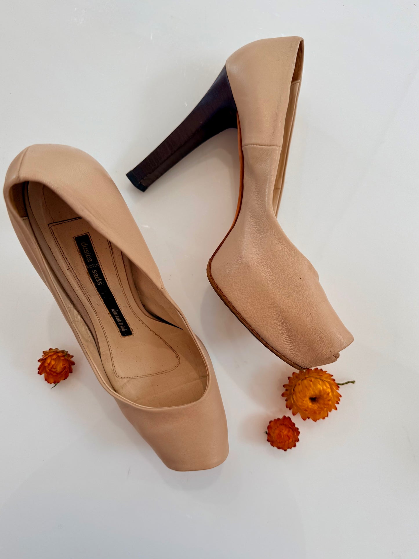 Vintage Duscia Kotur Sacks Leather Peep Toe Heels