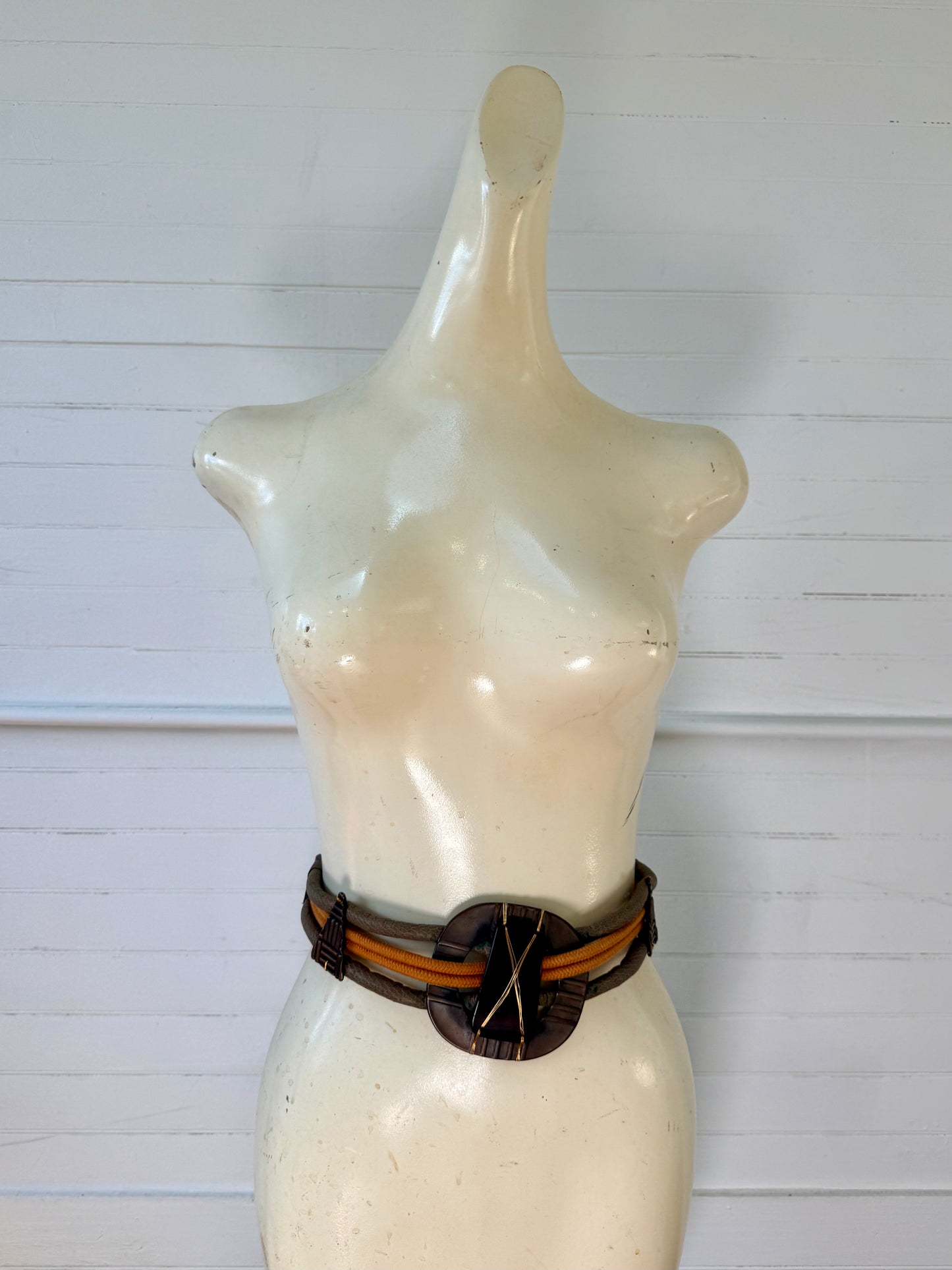 Vintage Geometric Medallion Leather and Woven Waist Belt
