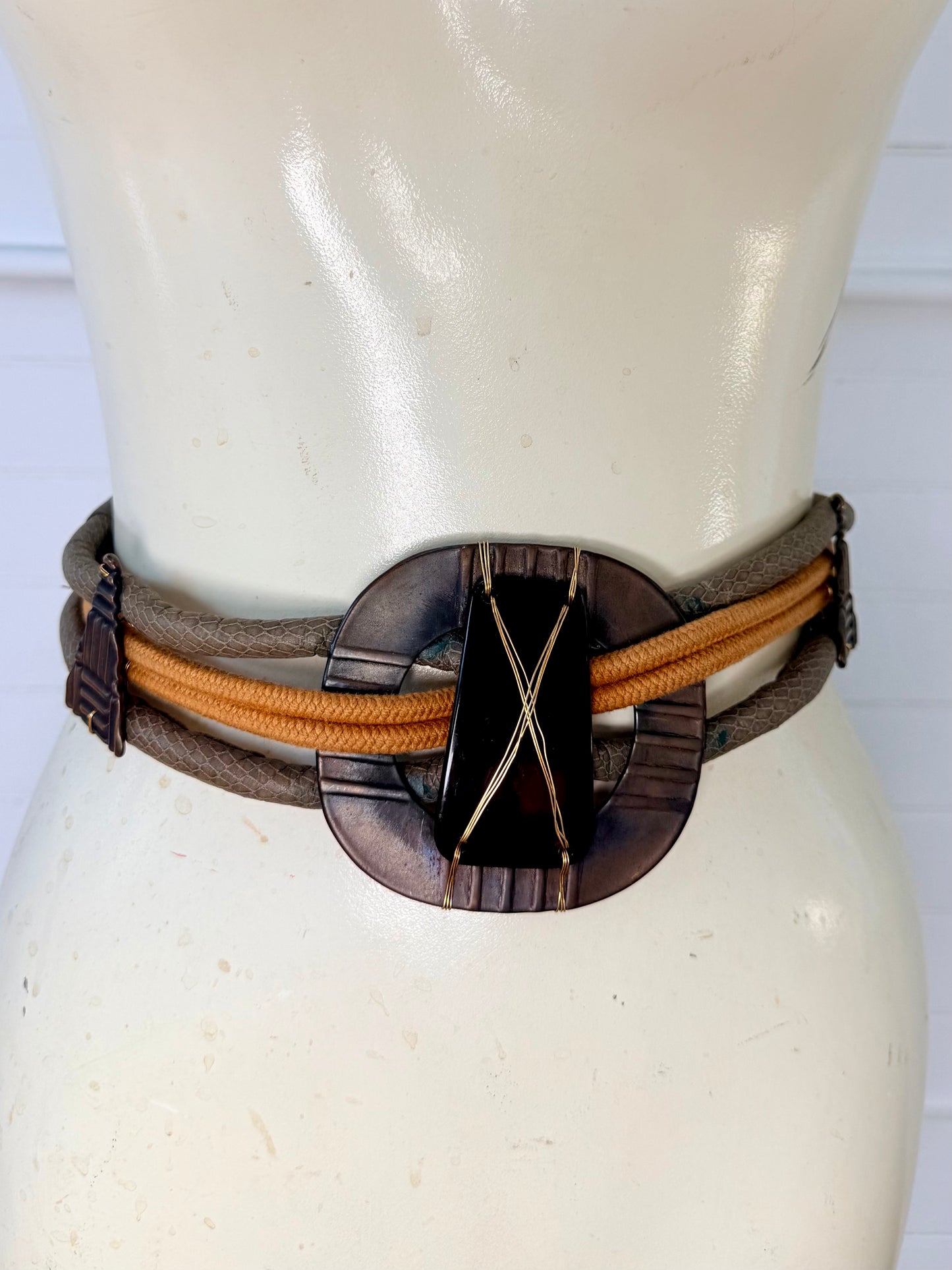Vintage Geometric Medallion Leather and Woven Waist Belt