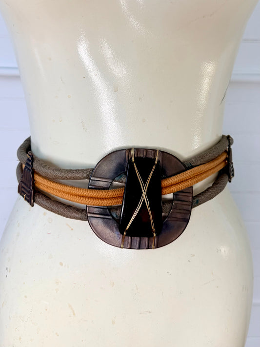 Vintage Geometric Medallion Leather and Woven Waist Belt