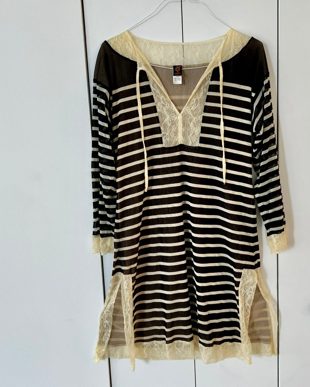 Vintage Jean Paul Gaultier Black and Beige Striped Lace Cover-Up