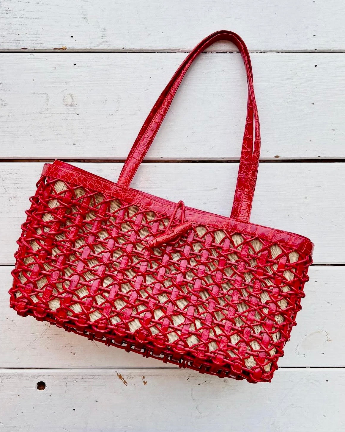 RARE Vintage Nancy Gonzales Red Croc Woven Bag
