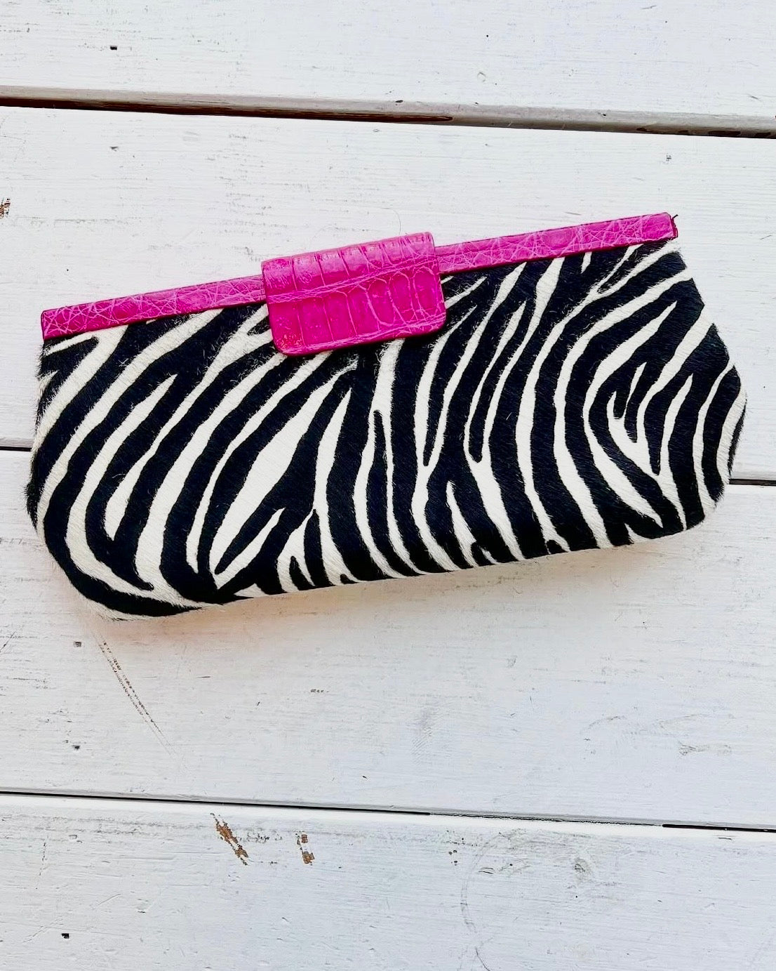 RARE Vintage Nancy Gonzales Zebra Print Pony Hair and Pink Crocodile Leather Clutch