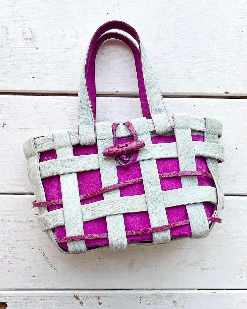 RARE Vintage Nancy Gonzales Grey Pony Hair and Purple Crocodile Leather Woven Mini Bag