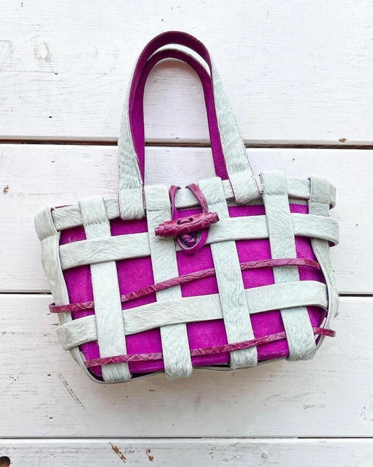 RARE Vintage Nancy Gonzales Grey Pony Hair and Purple Crocodile Leather Woven Mini Bag