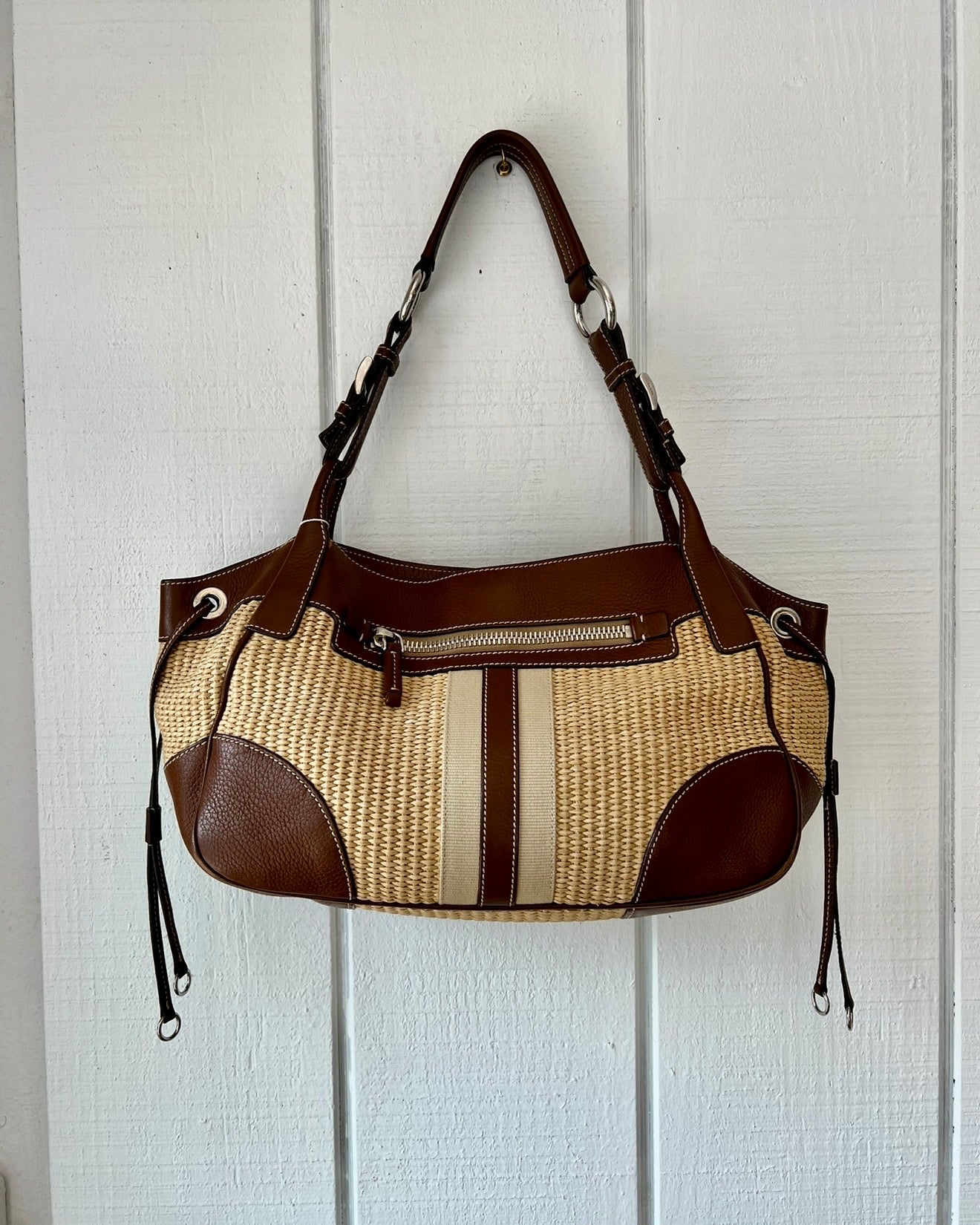 Vintage 2005 Prada Raffia and Leather Shoulder Bag