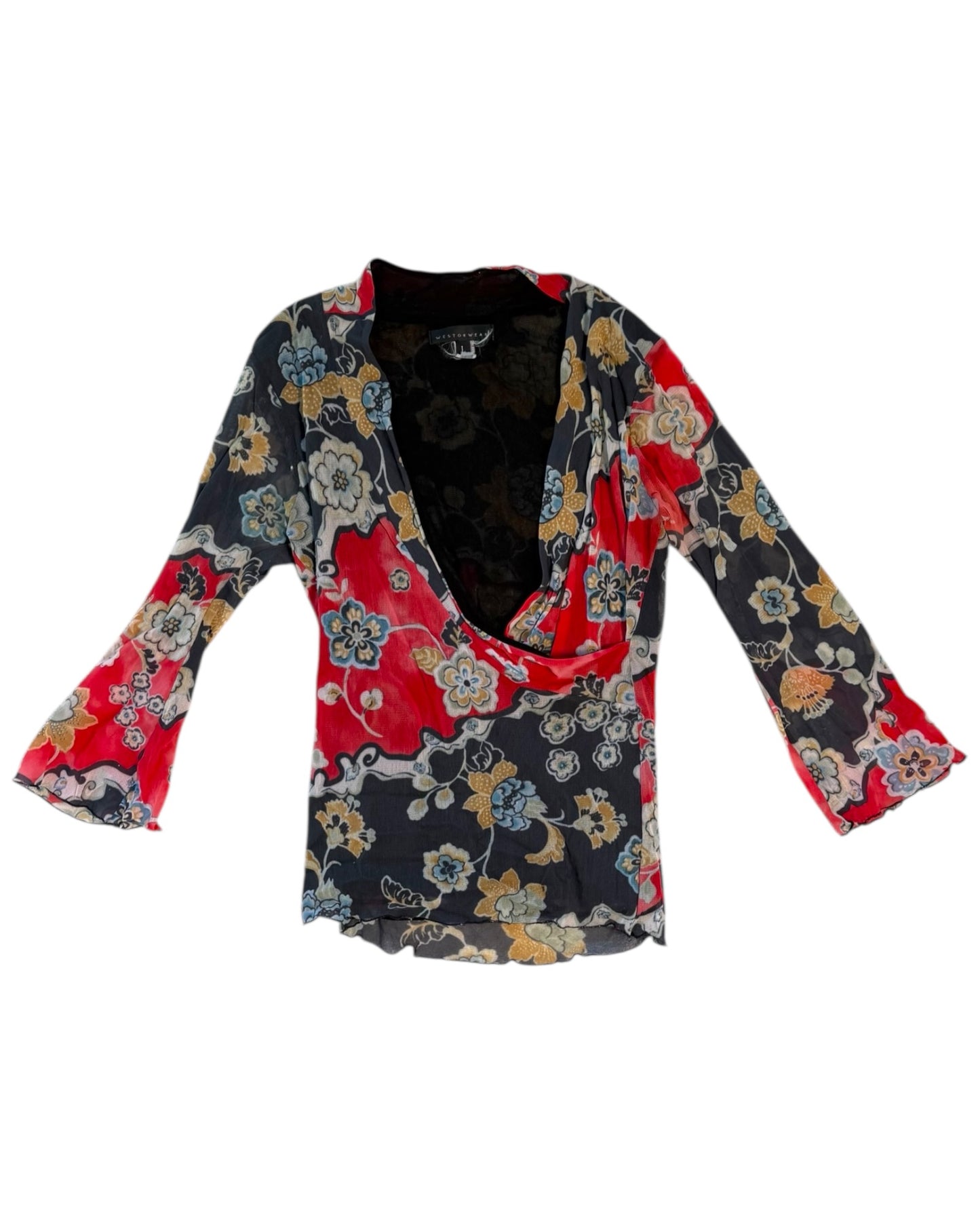 Vintage Red and Black Floral Mesh Blouse