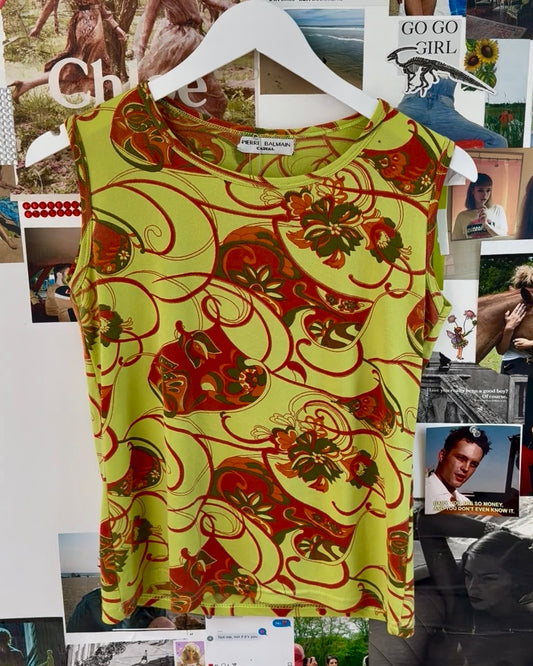 Vintage Pierre Balmain Red and Green Sleeveless Top