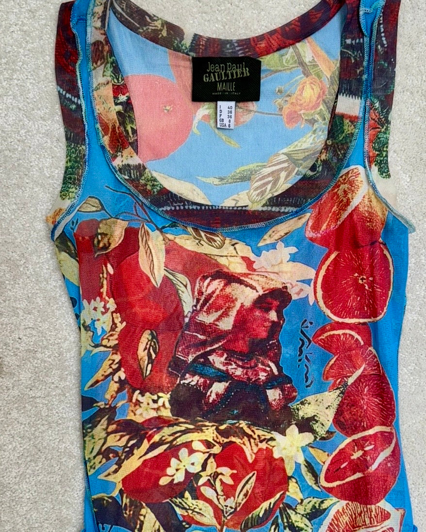 Vintage Jean Paul Gaultier Blue and Red Graphic Print Mesh Mini Dress