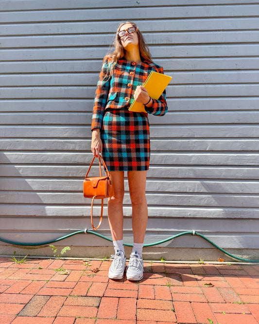 Vintage Comme Ca Des Halles Orange and Blue Checkered Skirt Suit