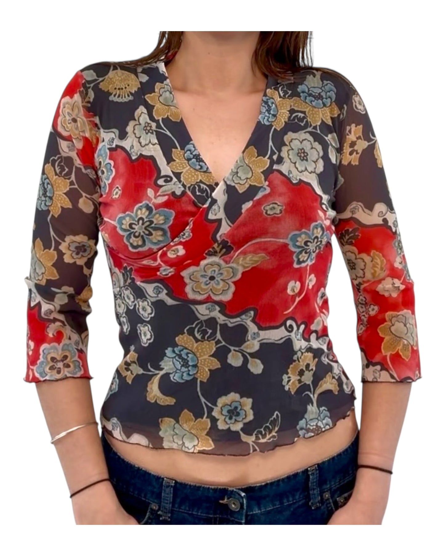 Vintage Red and Black Floral Mesh Blouse