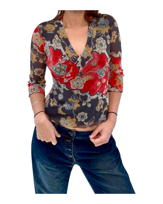 Vintage Red and Black Floral Mesh Blouse
