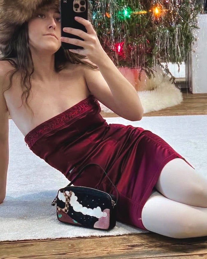 Vintage Galliano Wine Red Embellished Strapless Dress