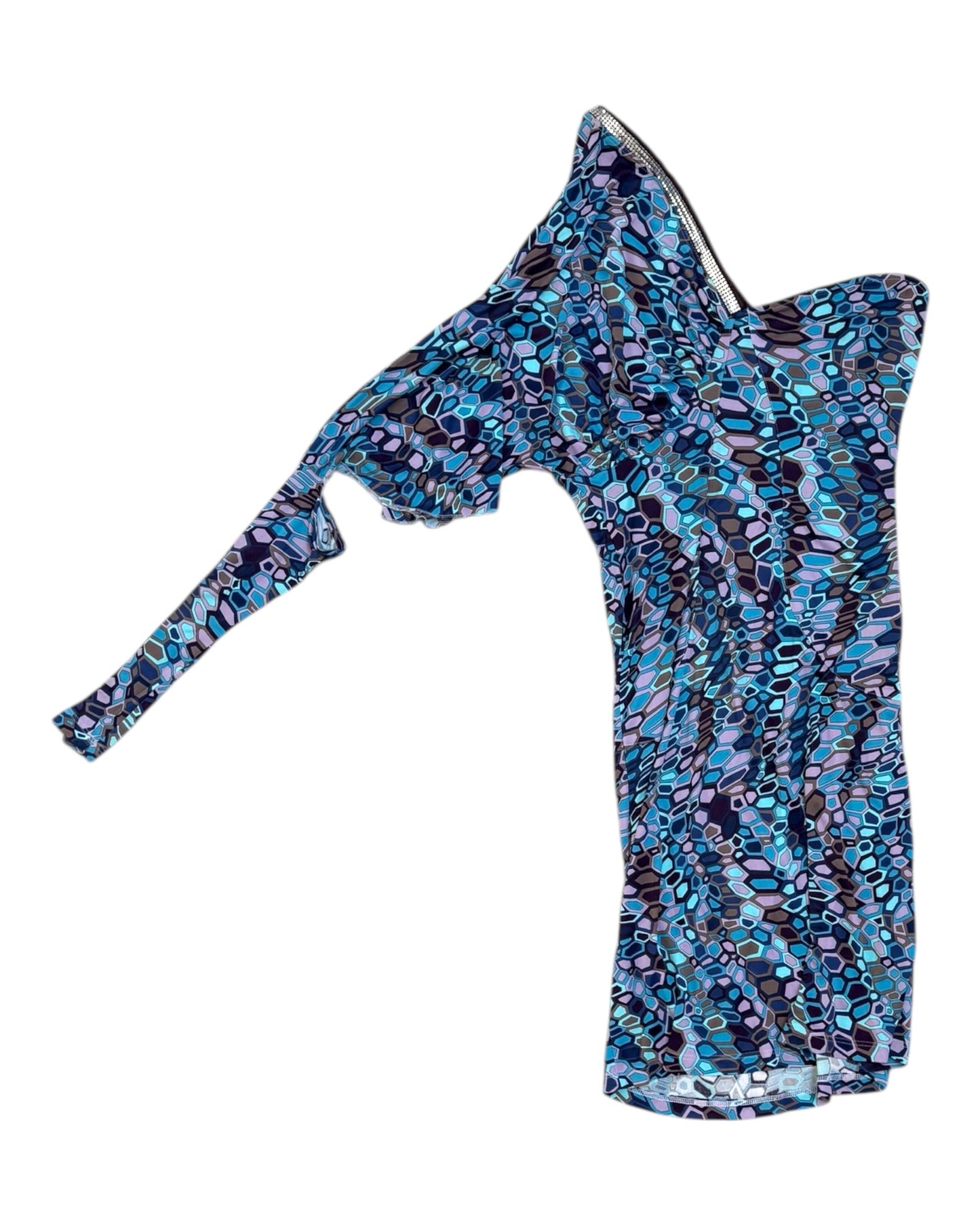 Vintage 2000s Versace Blue Psychedelic One-Shoulder Dress
