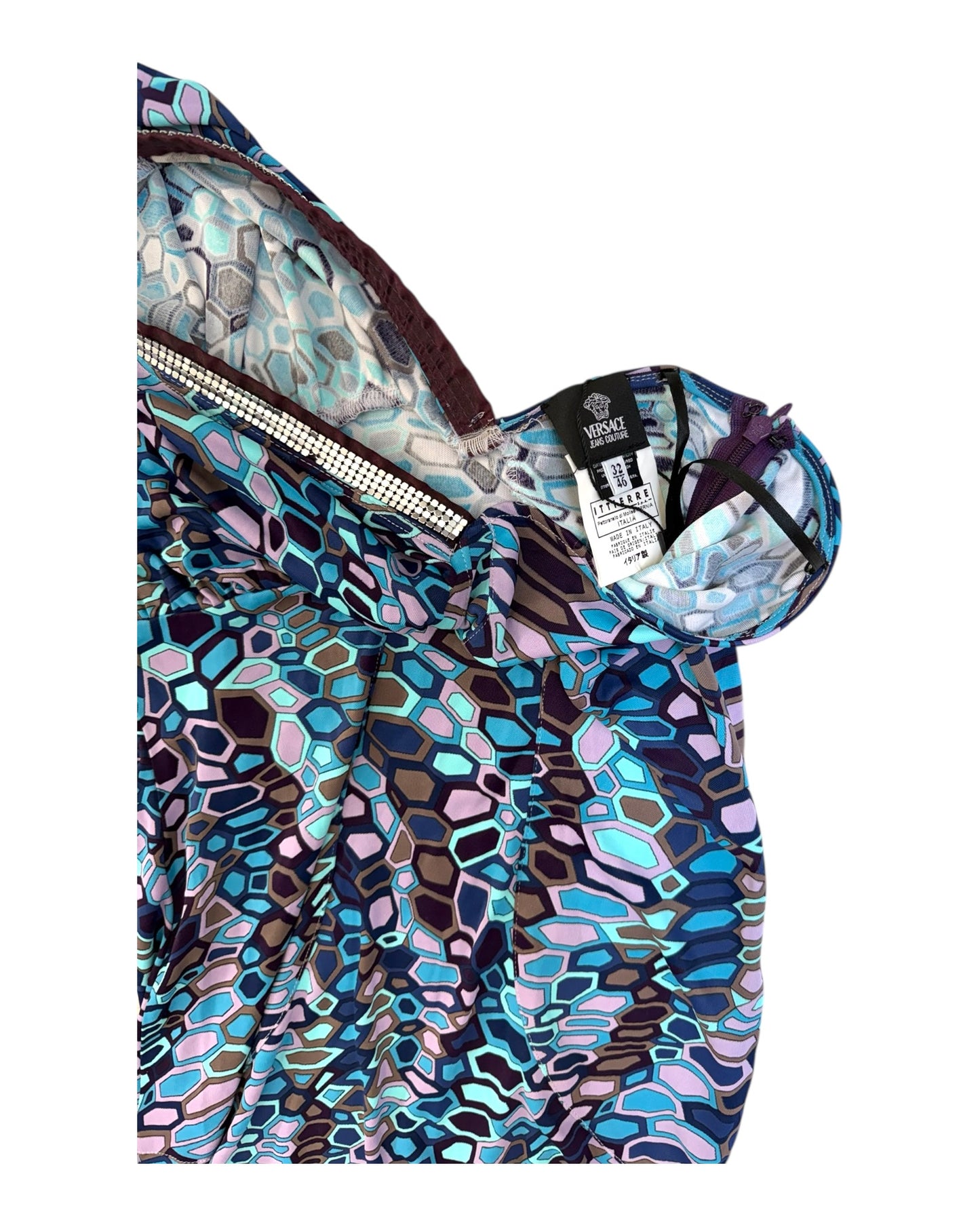 Vintage 2000s Versace Blue Psychedelic One-Shoulder Dress