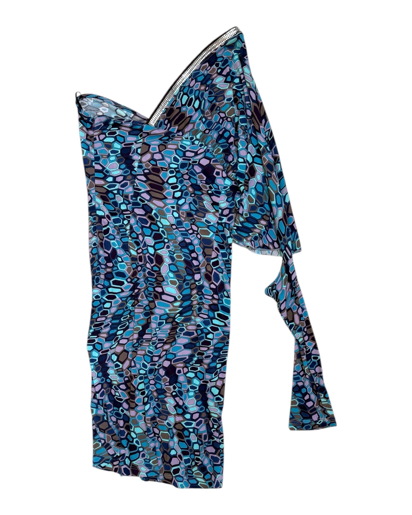 Vintage 2000s Versace Blue Psychedelic One-Shoulder Dress