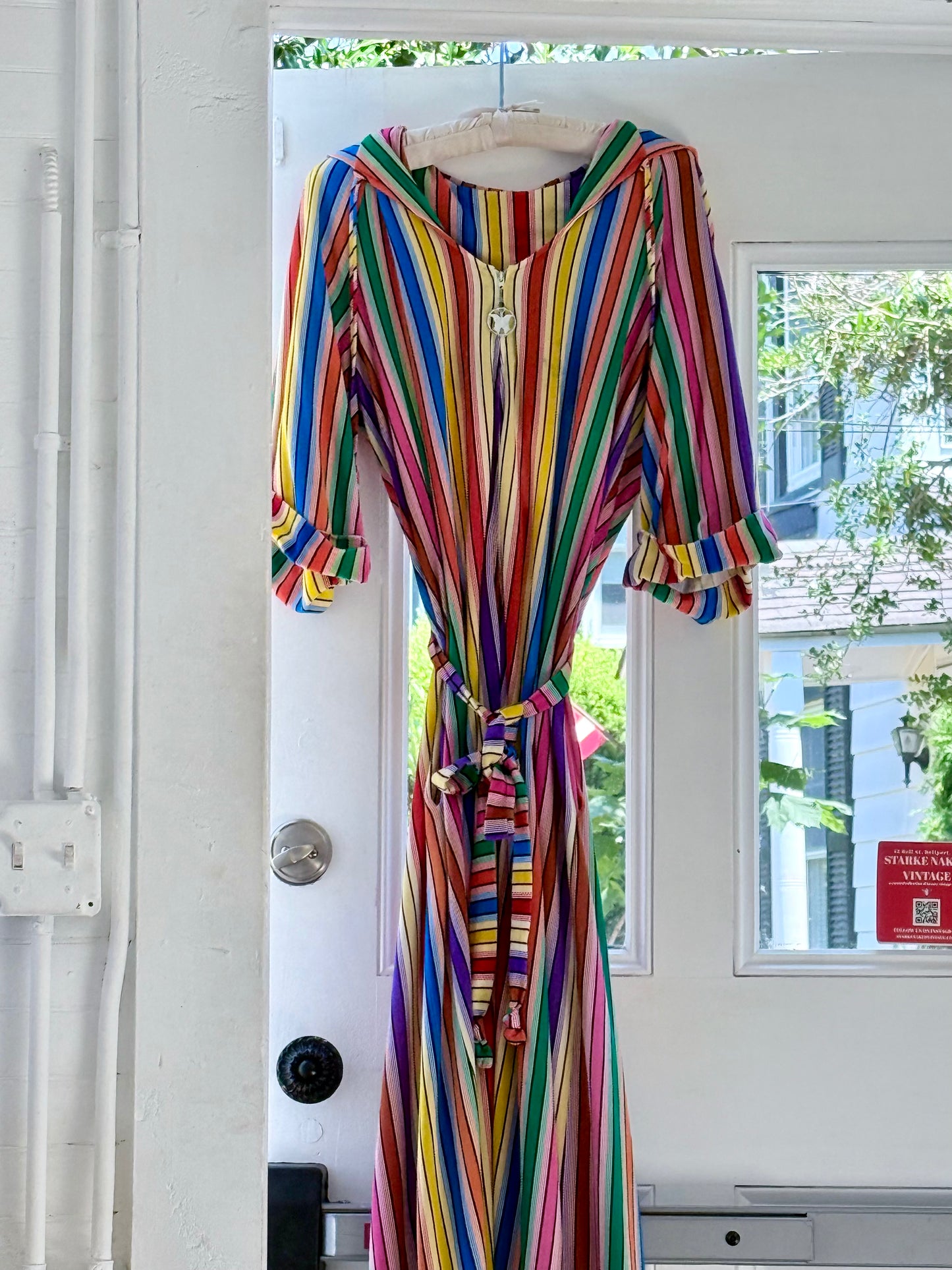 Vintage 1970s Rainbow Hooded Maxi Dress with Zipper
