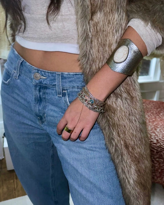 Vintage Silver and White Stone Cuff Bracelet