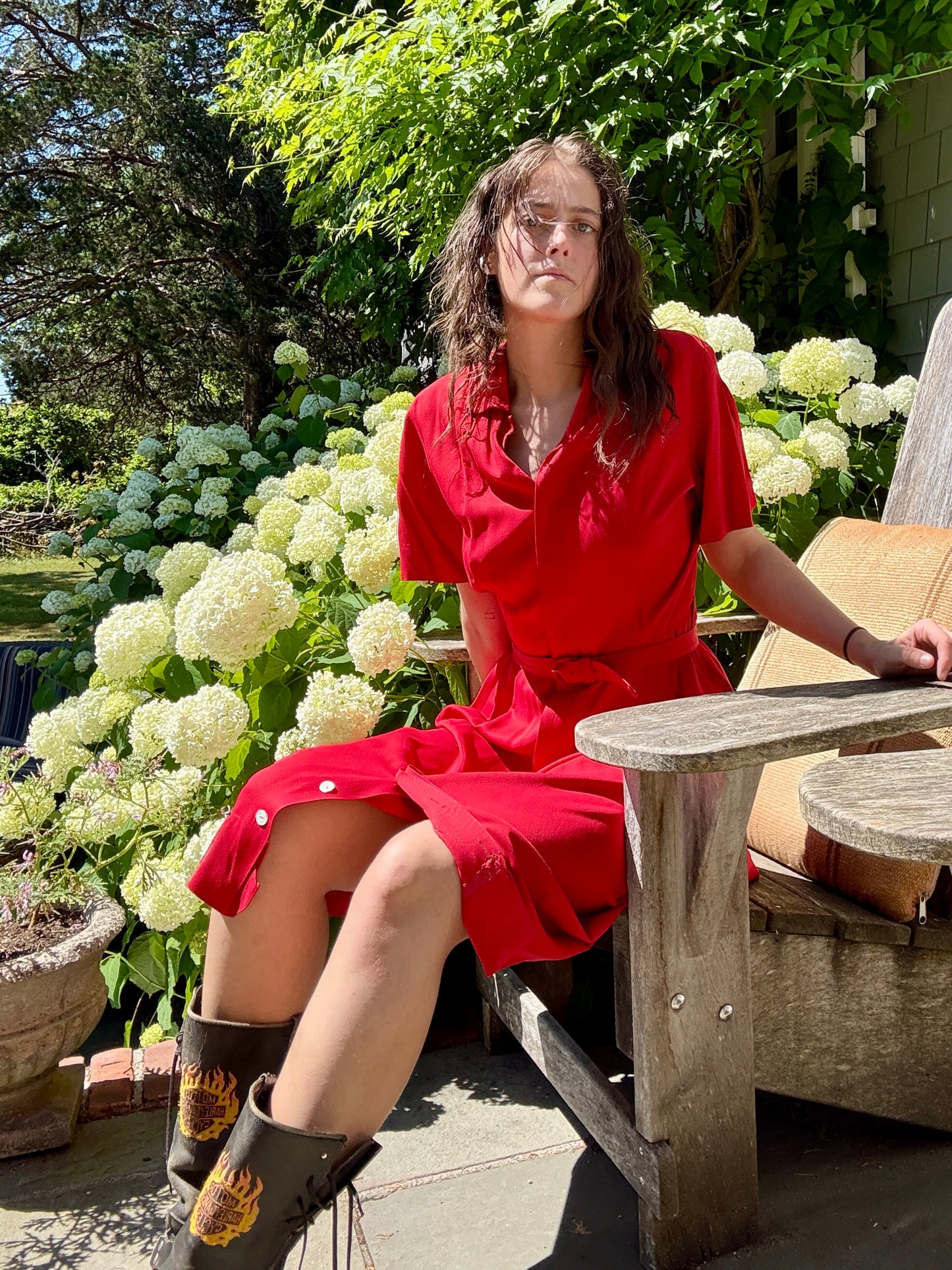 Vintage 1940s Red Belted Shirt Dress