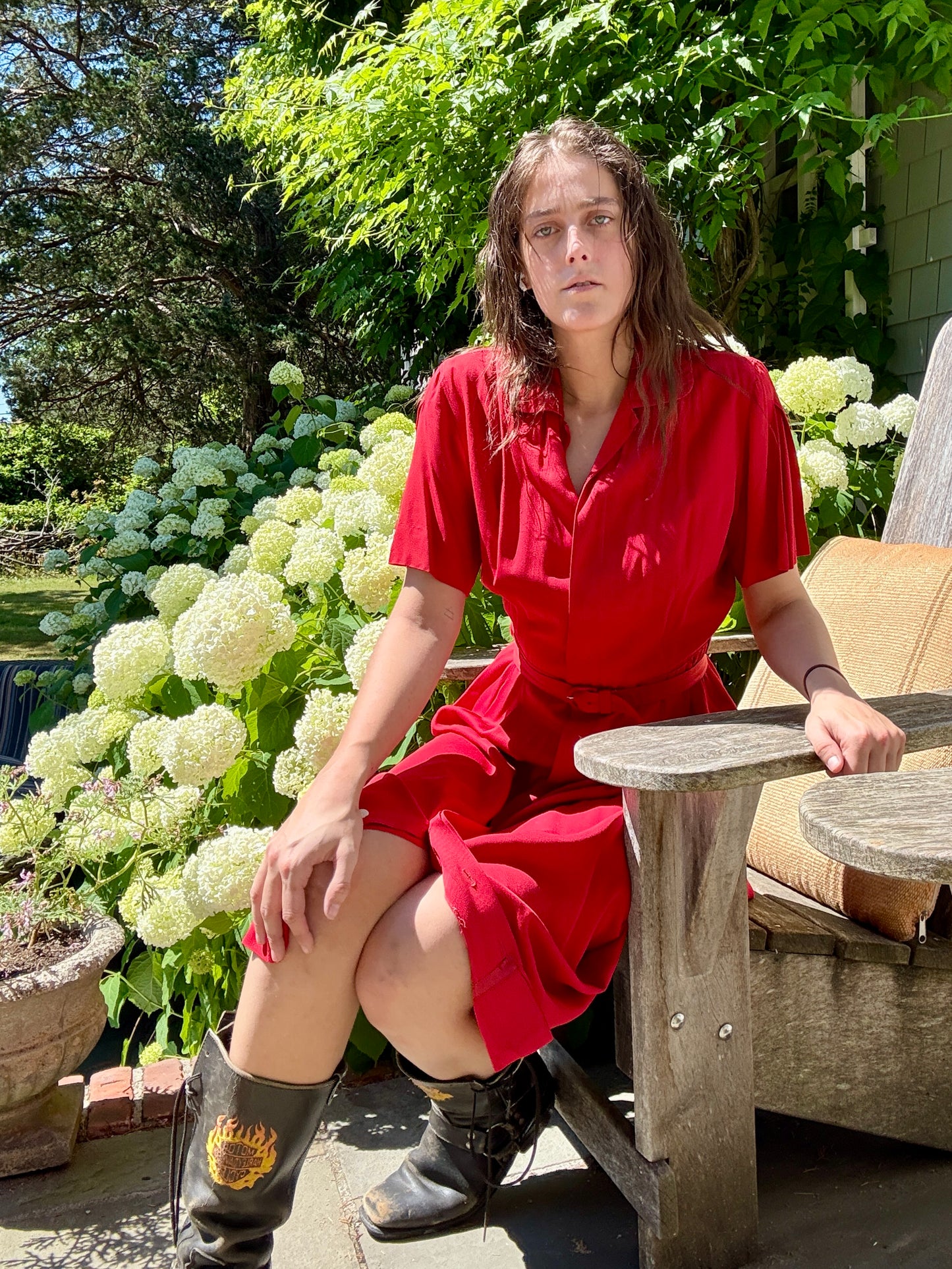 Vintage 1940s Red Belted Shirt Dress